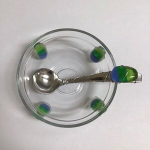 Art Glass Condiment Dish Blue Green Pebble Wire Wrapped Spoon Sea KIG Indonesia